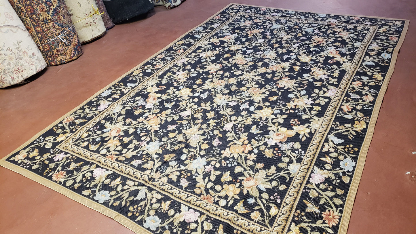 6x9 Vintage Needlepoint Rug, Petitepoint Carpet, Butterflies Floral Design