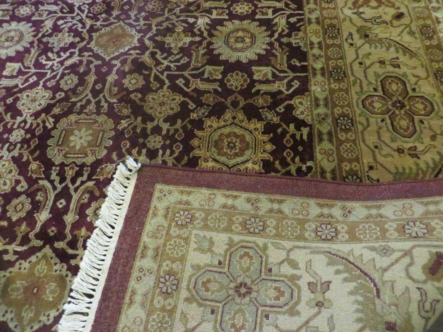 Indian Agra Rug 10x14 Vintage Handmade Larastan Wool Carpet Maroon Floral