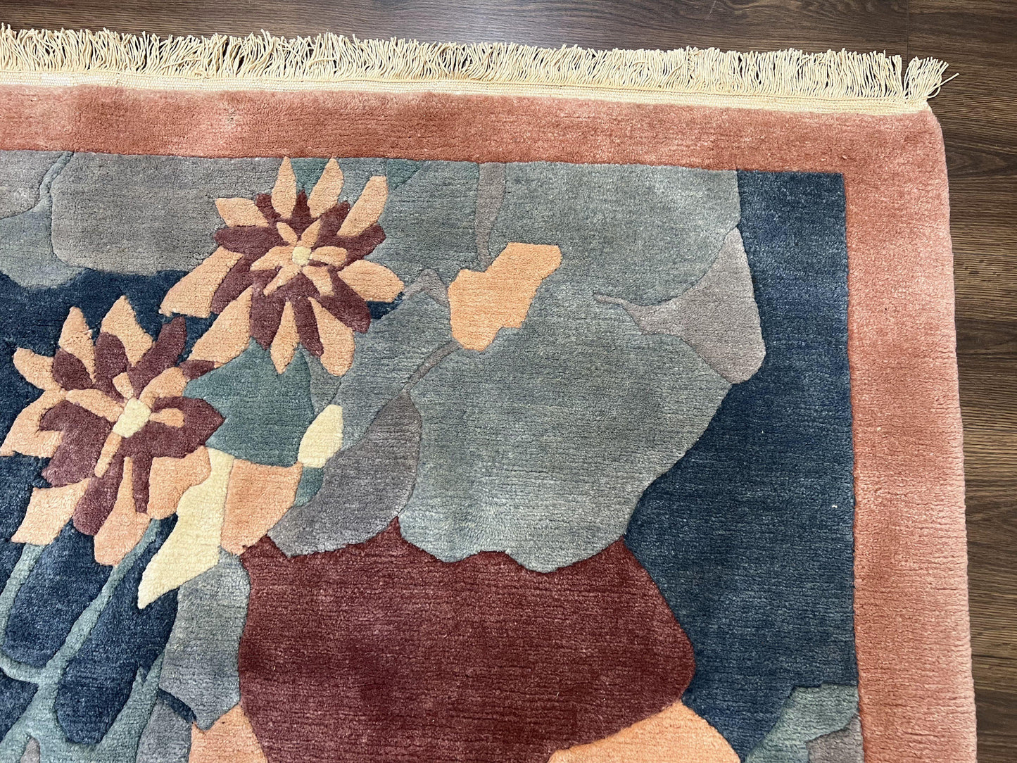 Modern Tibetan Rug 5.7 x 7.9, Abstract Multicolor Flower Pattern, Navy Blue Maroon Salmon, Soft Wool, Hand Knotted Contemporary Carpet 6x8