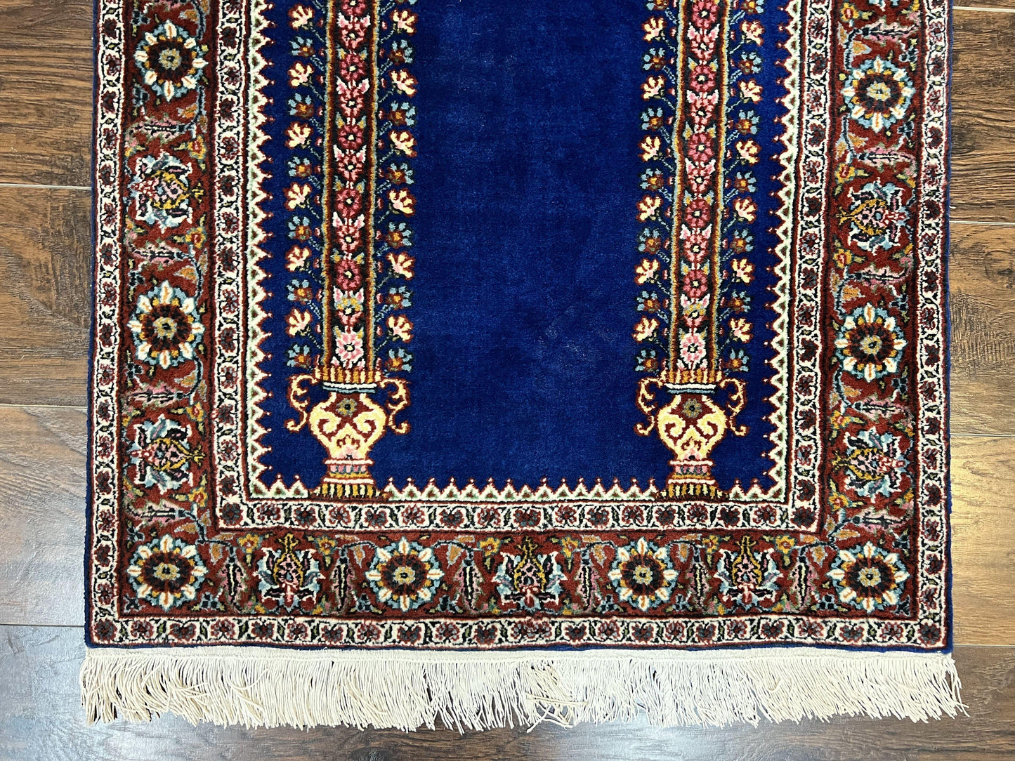 Indo Persian Prayer Rug 3x5, Fine Oriental Carpet, Dark Blue and Red, Vintage Hand Knotted Handmade Prayer Rug