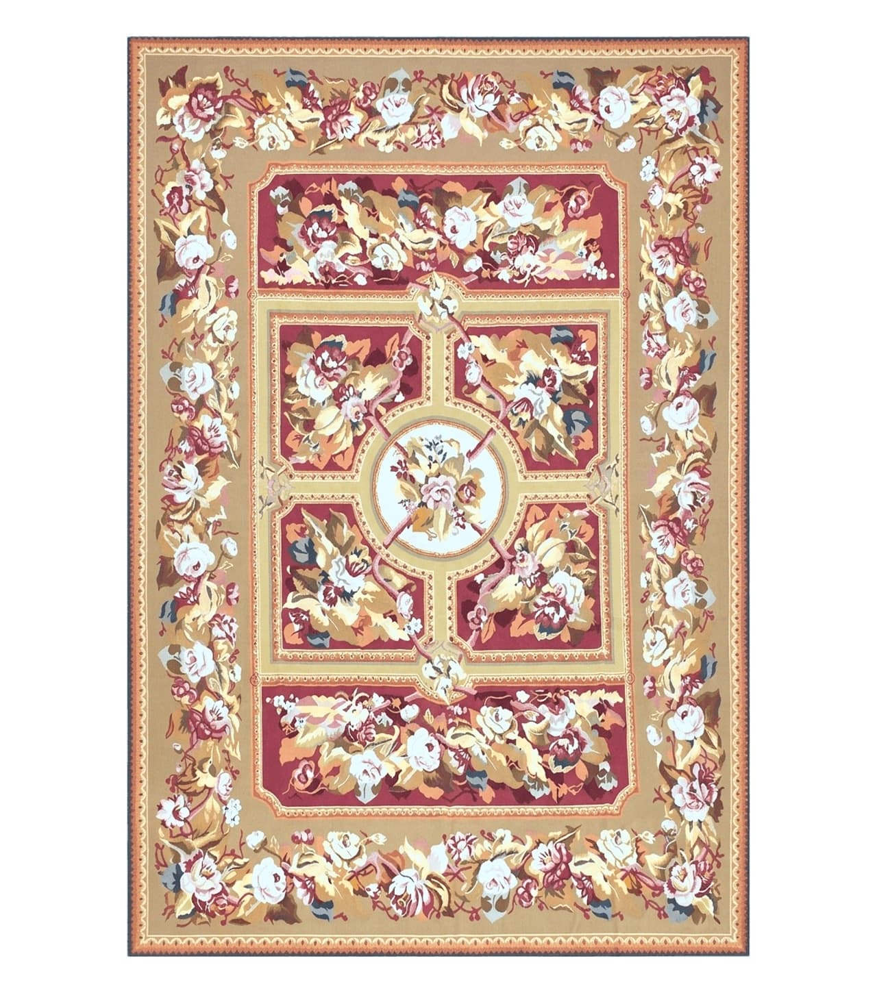 Vintage Chinese Aubusson Savonnerie Flat Pile Rug 9.9 x 14.5 Wool Handwoven Red & Khaki Large Flowers Rug 9x14 - 10x15 Michaelian Kolhberg