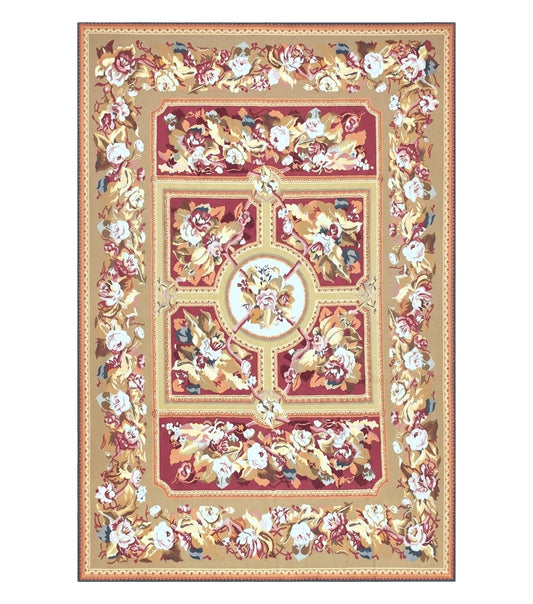 Vintage Chinese Aubusson Savonnerie Flat Pile Rug 9.9 x 14.5 Wool Handwoven Red & Khaki Large Flowers Rug 9x14 - 10x15 Michaelian Kolhberg