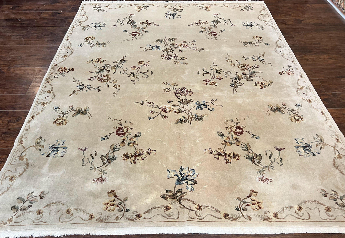 Chinese 120 Line Rug 8x10, Chinese Aubusson Wool & Silk Highlights Handmade Vintage Carpet, Beige Fine Weave Rug, Floral European Design