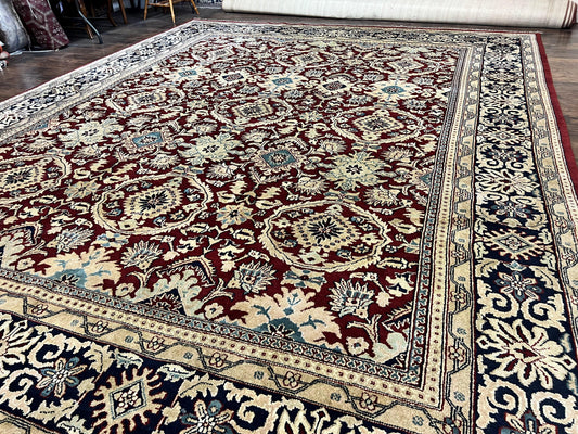 Indian Agra Rug 12x15, Maroon, Hand Knotted Vintage Palace Sized Oriental Carpet