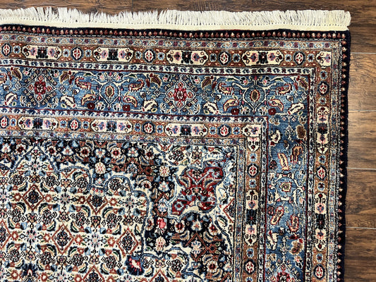 Persian Mashad Rug 7x10, Floral Medallion, Wool Hand Knotted Vintage Oriental Carpet, Blue & Ivory, Traditional Room Sized Rug