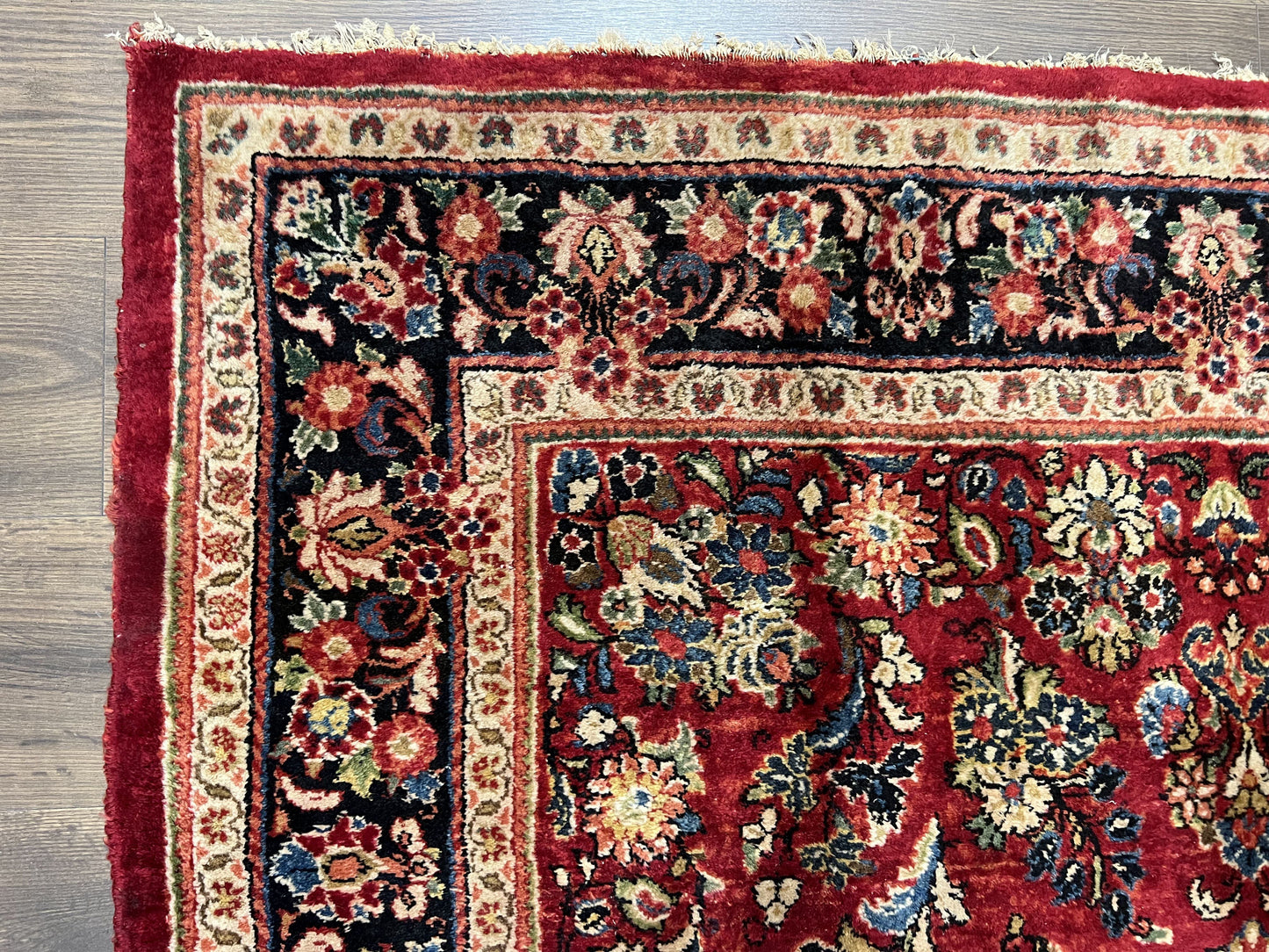 Persian Sarouk Rug 5x6, Hand Knotted Antique 1920s Sarouk, Red Navy Blue