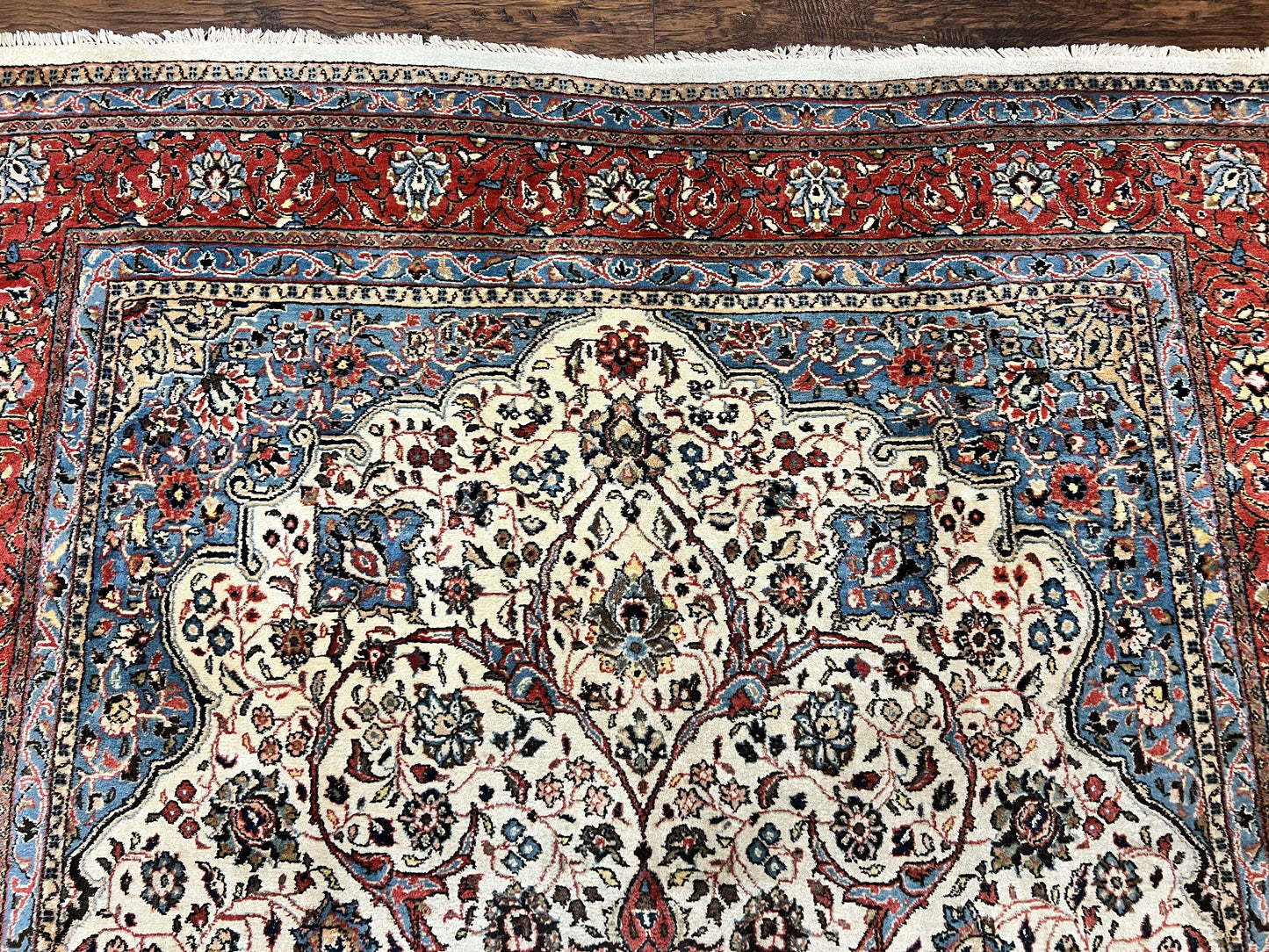 Persian Sarouk Rug 8x12, Wool Hand Knotted Antique Carpet, Floral Medallion, Cream Red, Traditional Oriental Rug