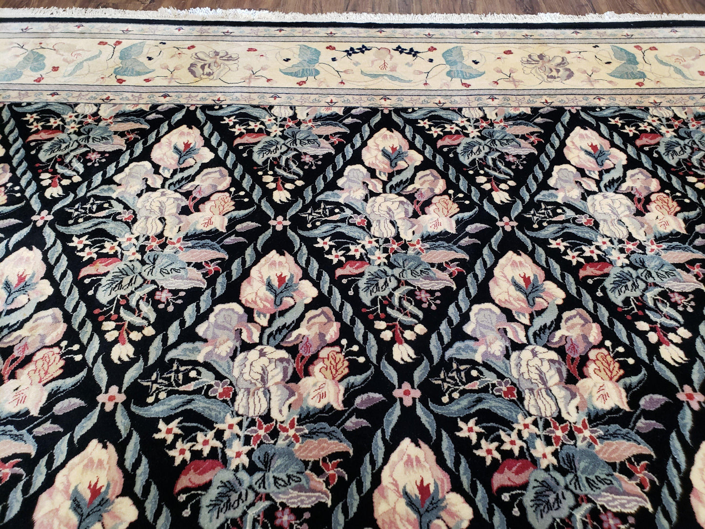 Sino-Persian Kirman Rug 9x12 Floral Handmade Wool Carpet Black & Ivory Vintage