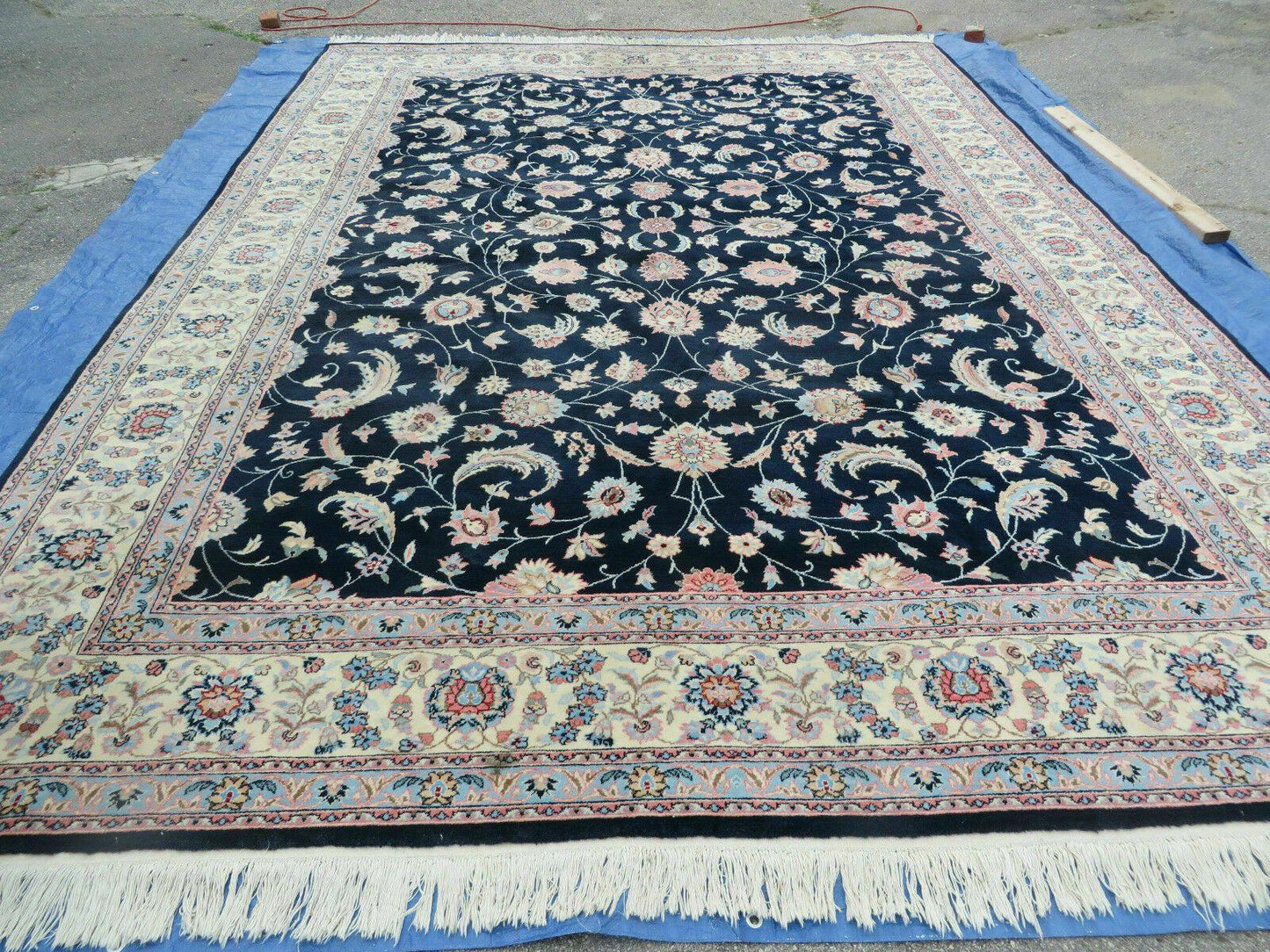 Large Indo Persian Rug 10x14, Wool Hand-Knotted Carpet, Navy Blue Ivory