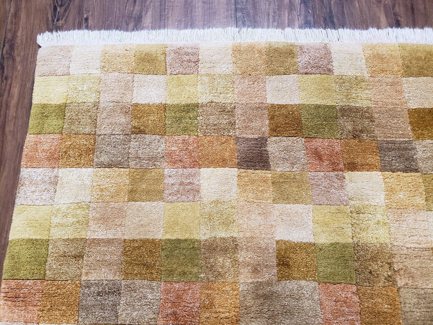 4x6 Tibetan Rug, Modern Abstract Handmade Area Rug, Checkerboard Pattern, Neutral Ivory Gold Tan Colors, Soft Pile, Mid Sized Rug, Nepali