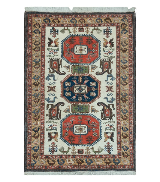7' X 10' Vintage Handmade Knotted Turkish Wool Rug Birds Animal Ivory Organic