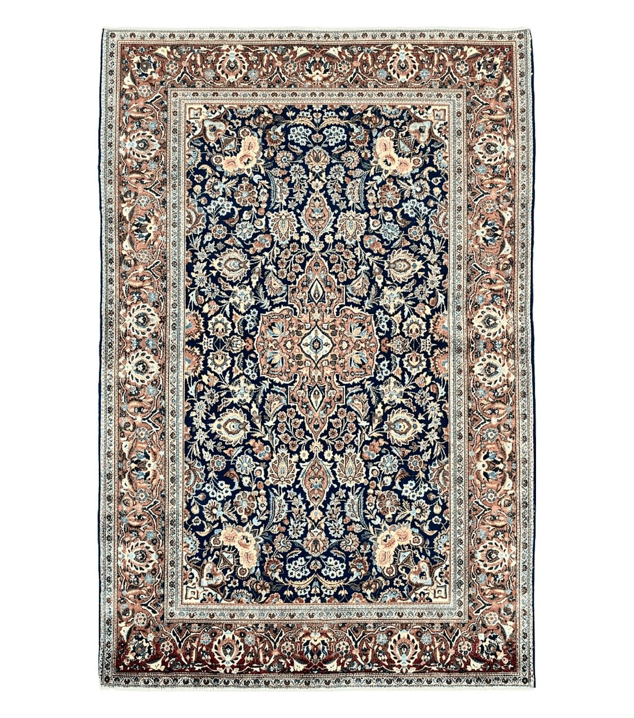 Persian Kashan Rug 4x7, Floral Medallion Vintage Handmade Hand Knotted Navy Blue & Red Wool Oriental Carpet, Highly Detailed Semi Antique Rug