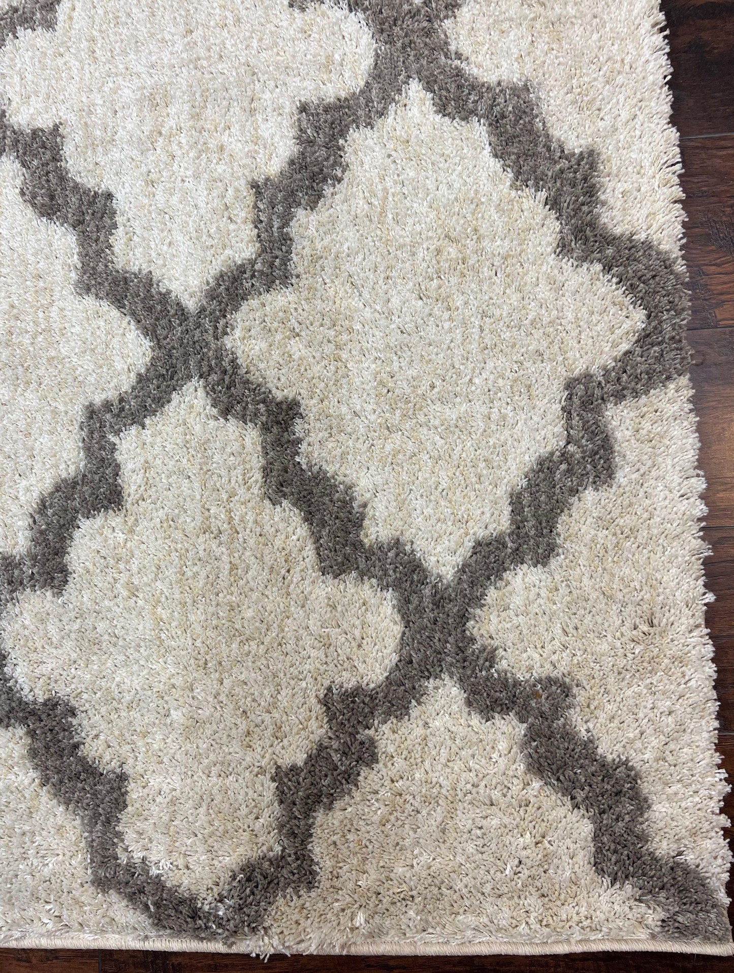 Modern Shag Rug, Ivory and Gray, Diamond Panel Design, Room Sized Area Rug