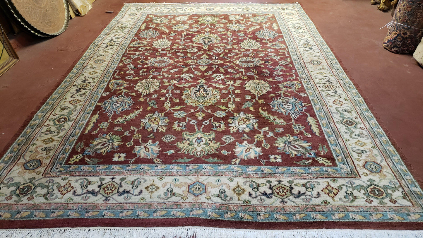 8x12 Indo-Mahal Rug, Floral Allover, Red & Beige, Wool Vintage Handmade Traditional Carpet