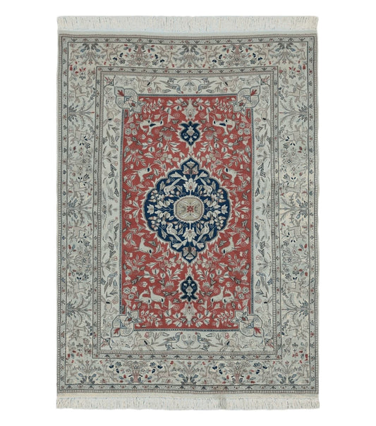 6' X 9' Vintage Handmade India Oriental Floral Wool Rug Hunting Bird Deer Nice