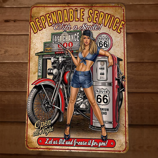 Route 66 Dependable Service with a Smile 8x12 Metal Wall Garage Man Cave Motorcycle Sign Garage Poster