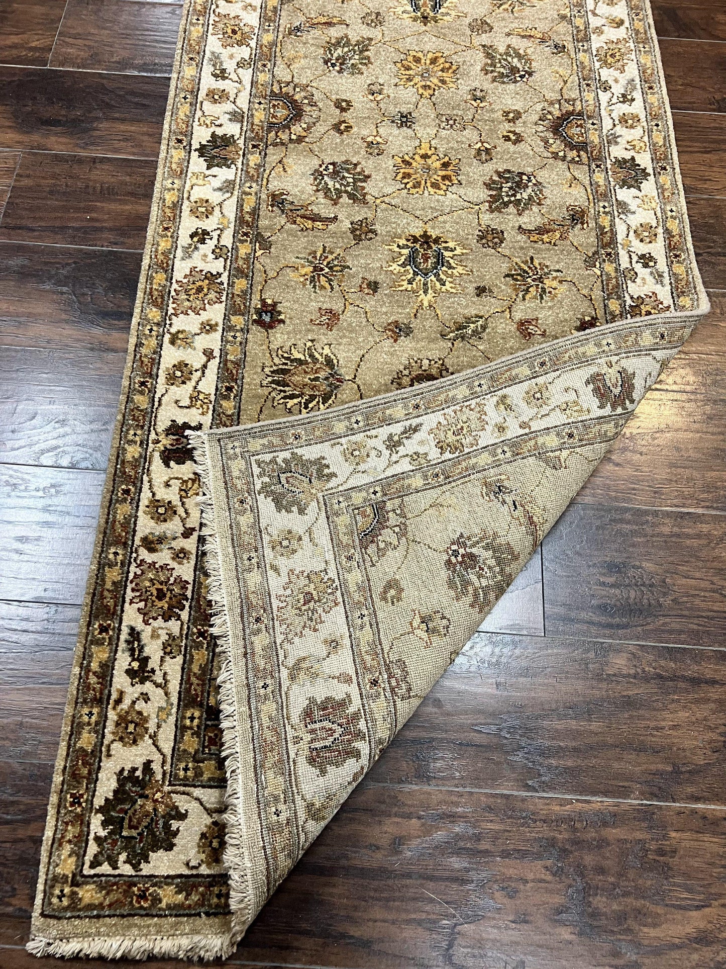 Peshawar Runner Rug 3 x 20, Wool Hand Knotted Vintage Pakistani Carpet, Olive Green & Ivory, Extra Long 20ft Hallway Runner, Floral