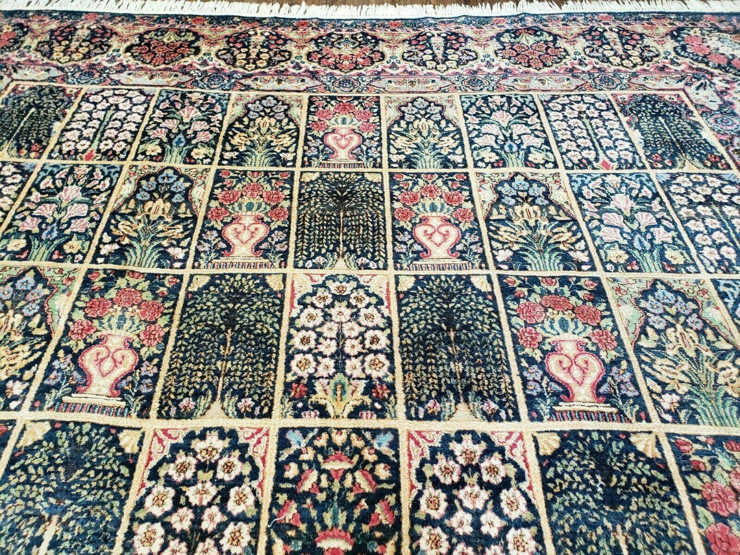 Persian Rug 10x15, Authentic Oriental Carpet 10 x 15, Wool Area Rug Panel Design Hand-Knotted Vintage Kirman Yazd Rug, Dark Blue and Beige,  Floral