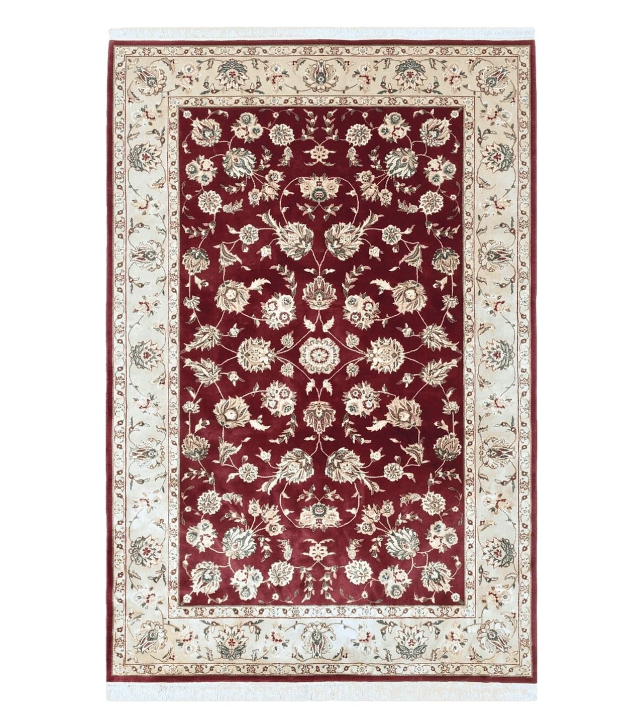 Vintage Traditional Oriental Area Rug, Hand-Knotted, Wool & Silk Accents, Maroon Red and Beige, 6x9 Carpet, 5' 9" x 9'