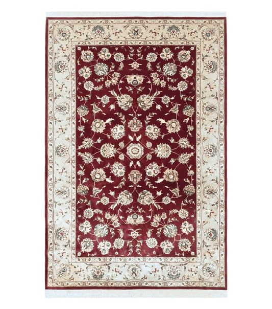 Vintage Traditional Oriental Area Rug, Hand-Knotted, Wool & Silk Accents, Maroon Red and Beige, 6x9 Carpet, 5' 9" x 9'