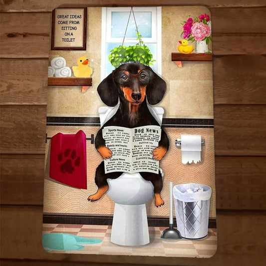Funny Dog News Dachshund Wiener Dog Sitting on Toilet 8x12 Metal Wall Sign Animals