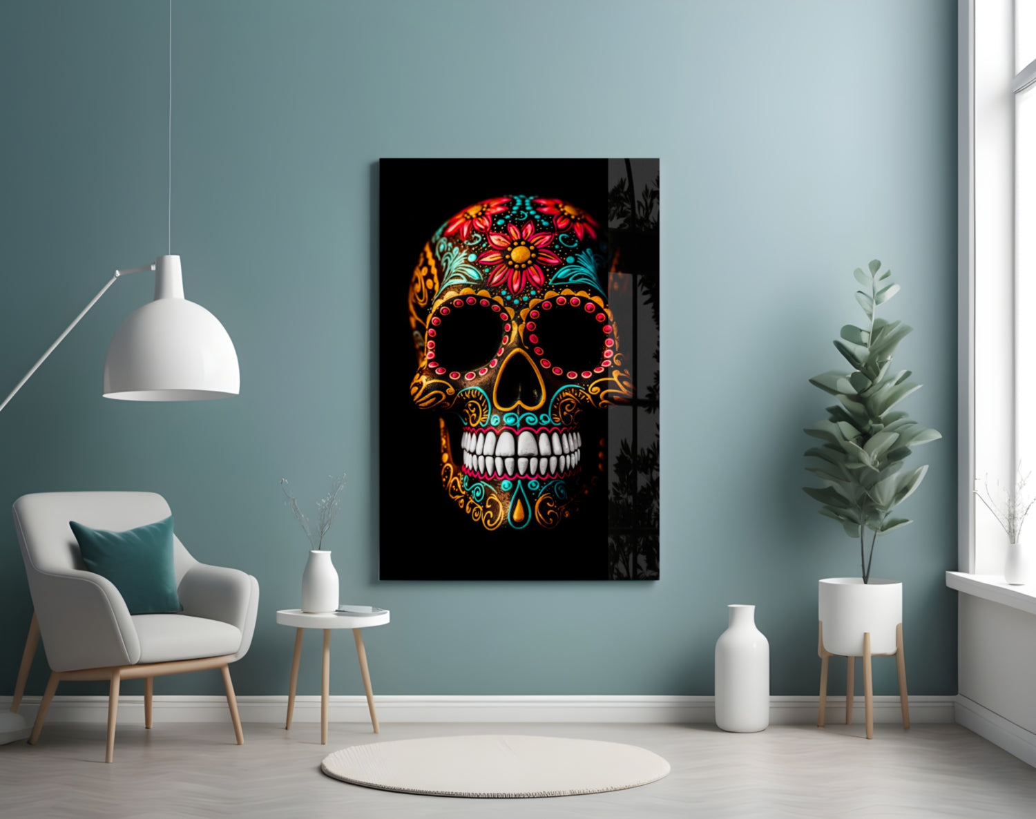 Flowery Skull Glass Wall Art || Designer Collection
