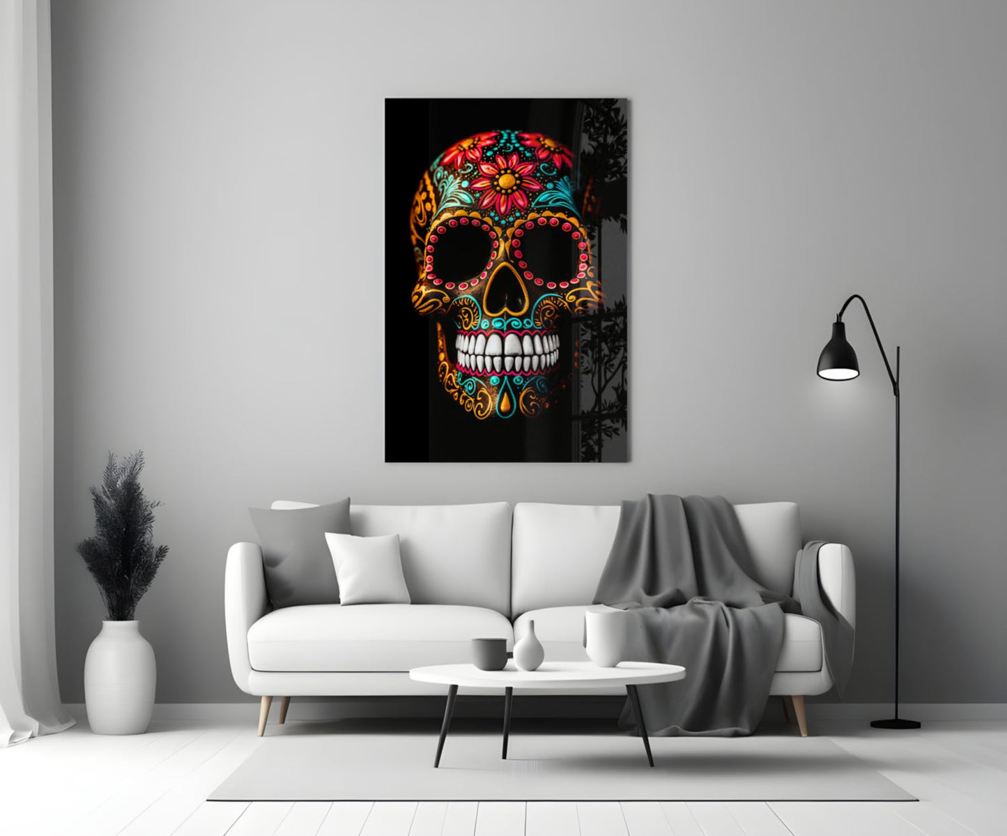 Flowery Skull Glass Wall Art || Designer Collection