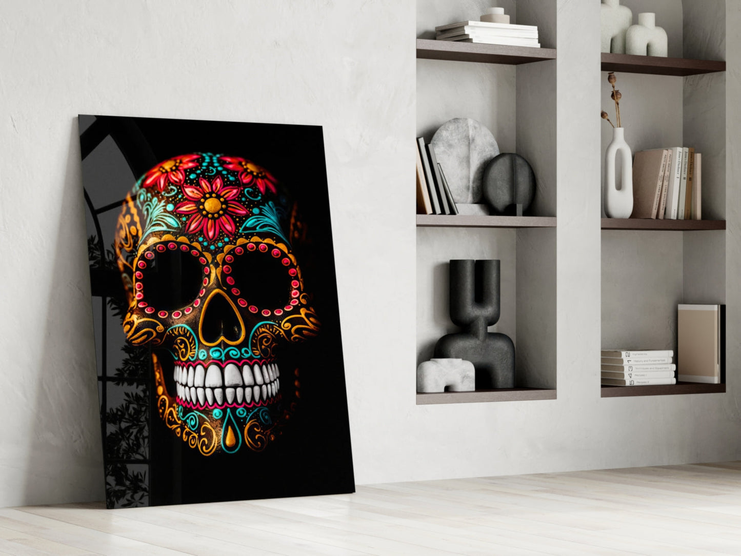 Flowery Skull Glass Wall Art || Designer Collection