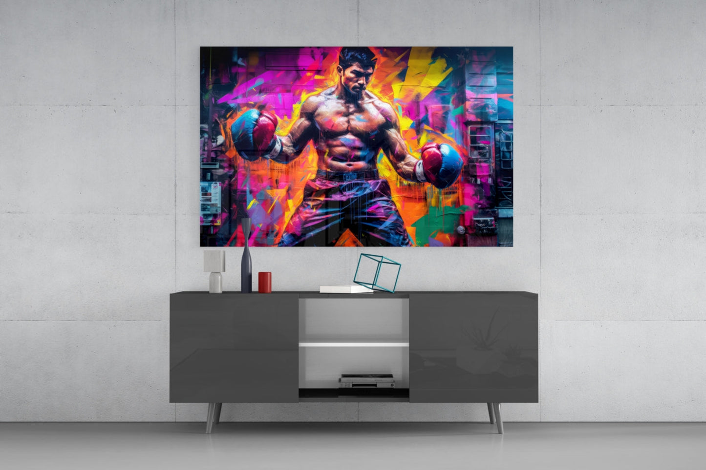 Boxing Glass Wall Art | Designer Collection - Vivid Pop-Graffiti Style Portrait under Tempered Glass