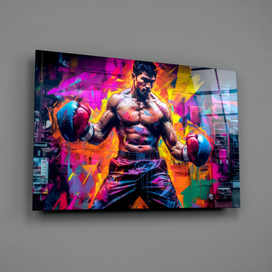 Boxing Glass Wall Art | Designer Collection - Vivid Pop-Graffiti Style Portrait under Tempered Glass