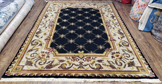 Nepal Rug 6x9, New Aubusson Nepalese Tibetan Carpet 6'1" x 8' 8", Hand-Knotted Wool, Unused, Black & Cream, Savonnerie Pattern, Soft Pile