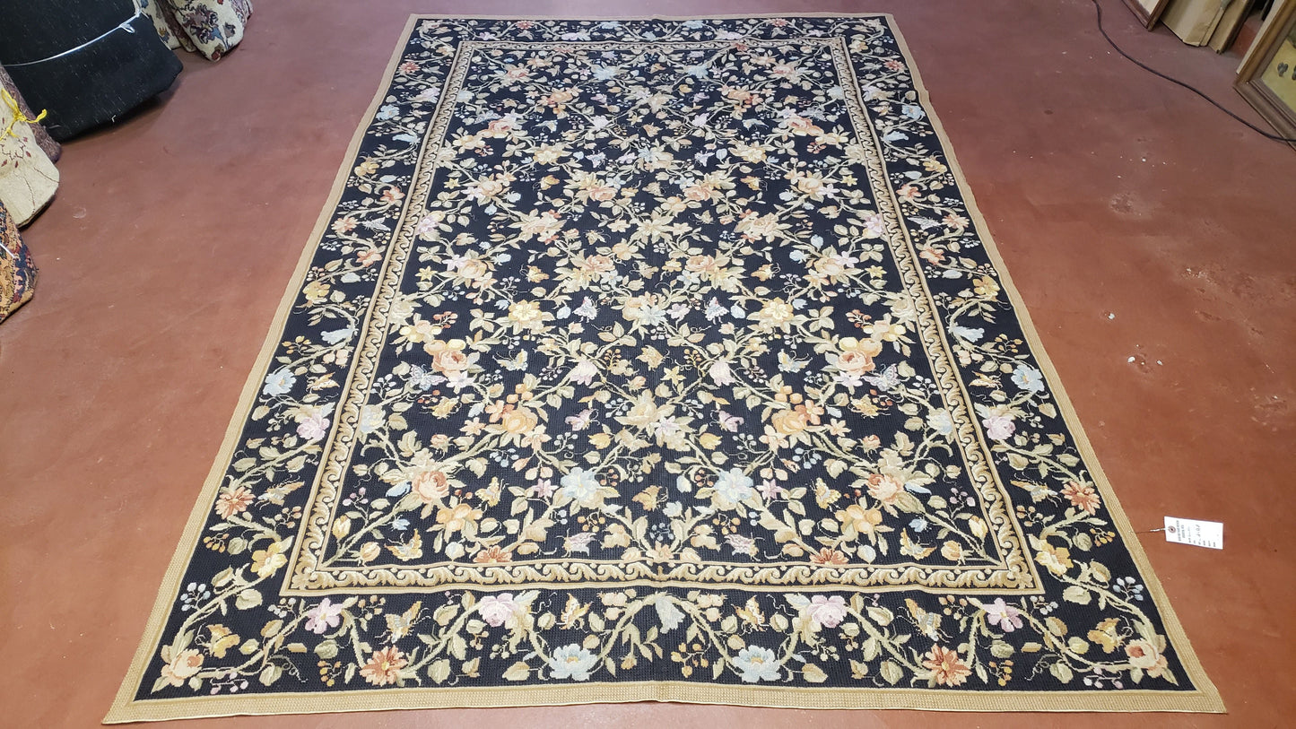 6x9 Vintage Needlepoint Rug, Petitepoint Carpet, Butterflies Floral Design