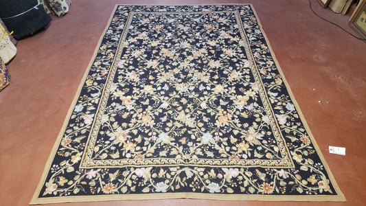 6x9 Vintage Needlepoint Rug, Petitepoint Carpet, Butterflies Floral Design