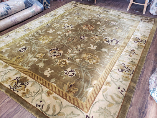8x10 Tibetan Rug, Green & Beige Floral Rug, Large Handmade Wool Rug