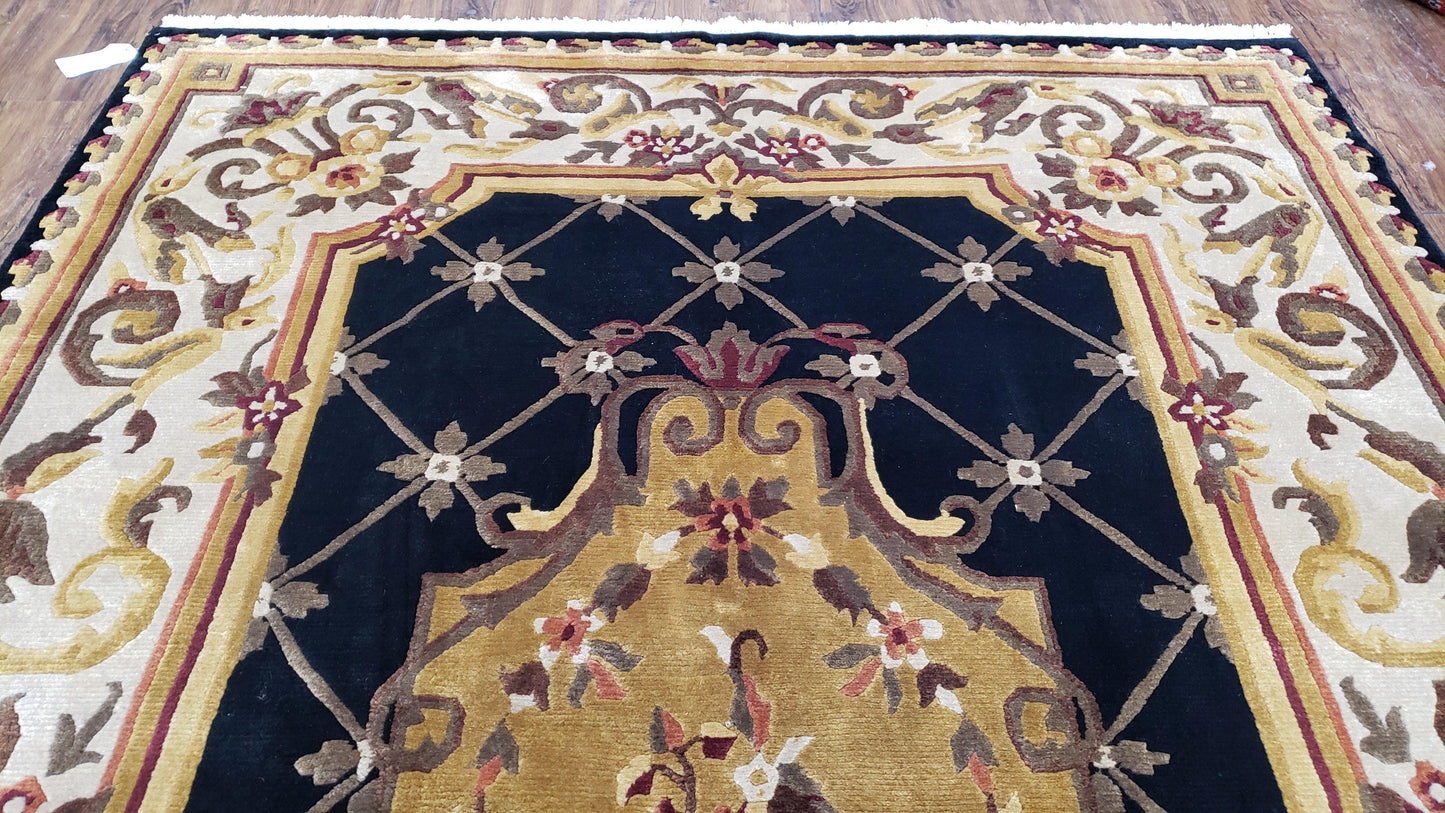 Nepal Rug 6x9, Nepalese Aubusson Area Rug 6 x 9, Hand-Knotted Wool Soft Pile Black & Beige Tibetan Aubusson New Carpet European Savonnerie