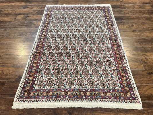 Persian Rug 4x6, Mashad Kashmar Rug, Boteh Paisley Design, Allover Repeated Pattern, Ivory Hand Knotted Vintage Semi Antique Persian Oriental Carpet
