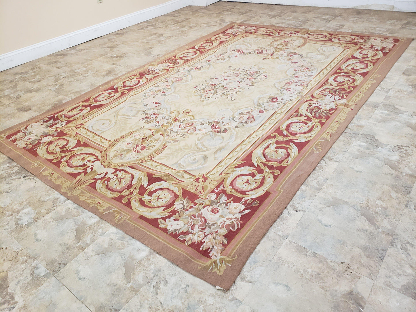 Aubusson Rug 6x9, Elegant Flatweave Rug, Aubusson Savonnerie 6 x 9 Flatweave Area Rug, Cream and Red, Wool Hand Woven Carpet, Medium Size