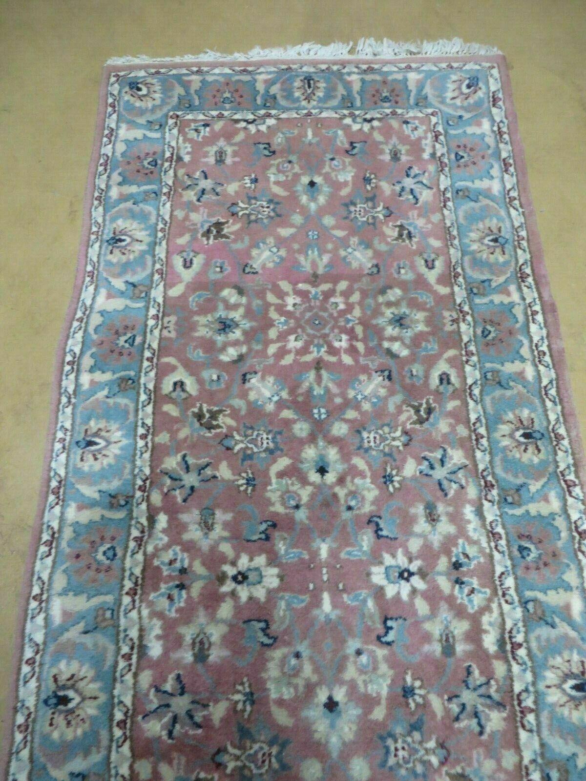 Indo Persian Runner Rug 2.8 x 12, Wool Hand Knotted, Pink and Light Blue