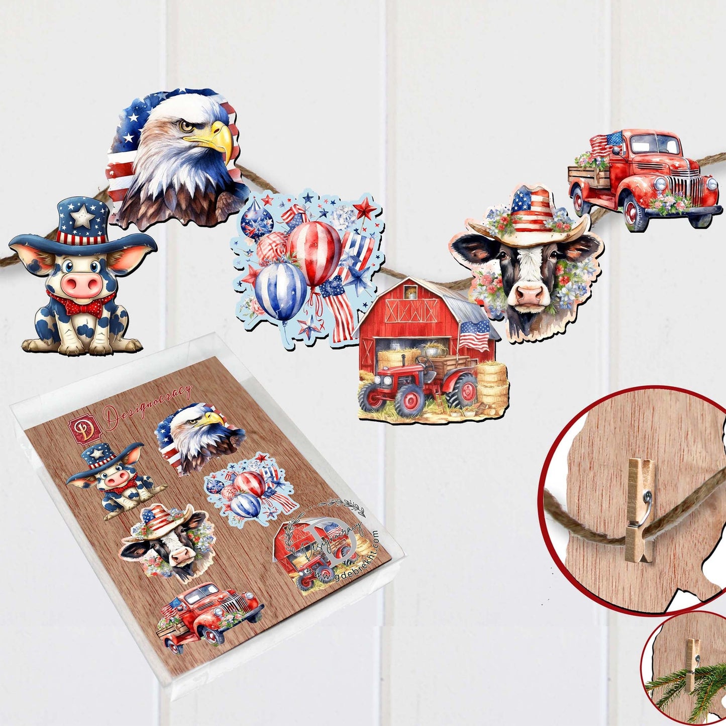 American flag Clip-On Eco Wood Decorative Ornaments Set of 6 by G. Debrekht - Patriotic Decor - 8090002C-S6