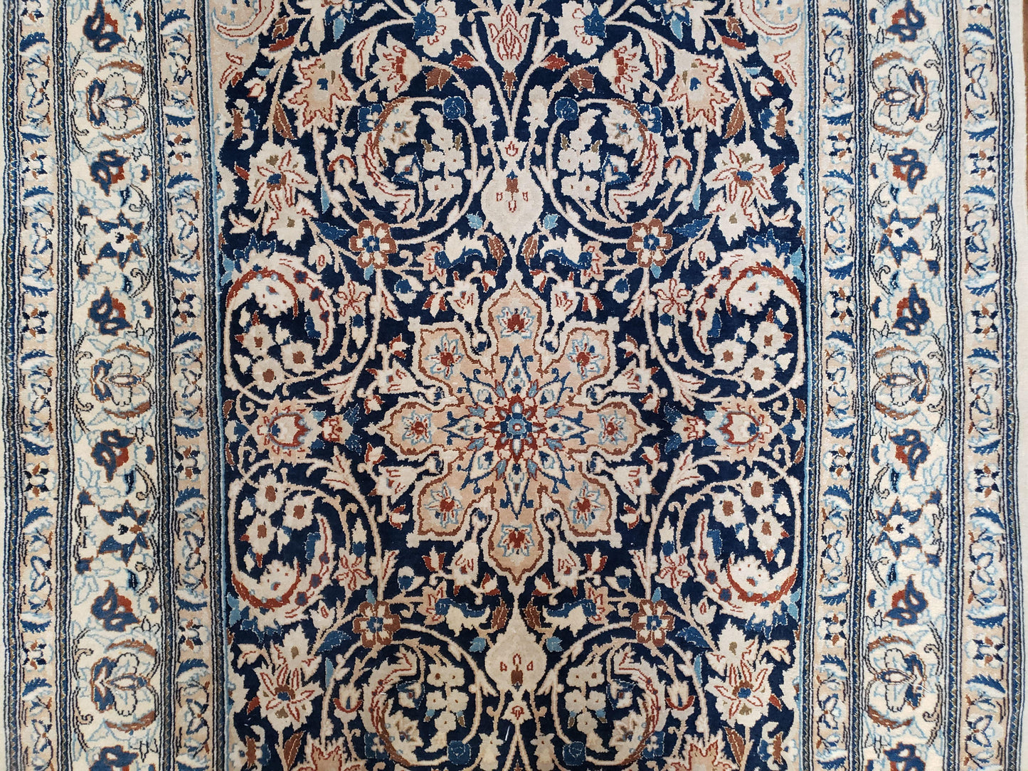 Persian Nain Rug 4x6, Ivory and Blue, Hand-Knotted, Wool & Silk