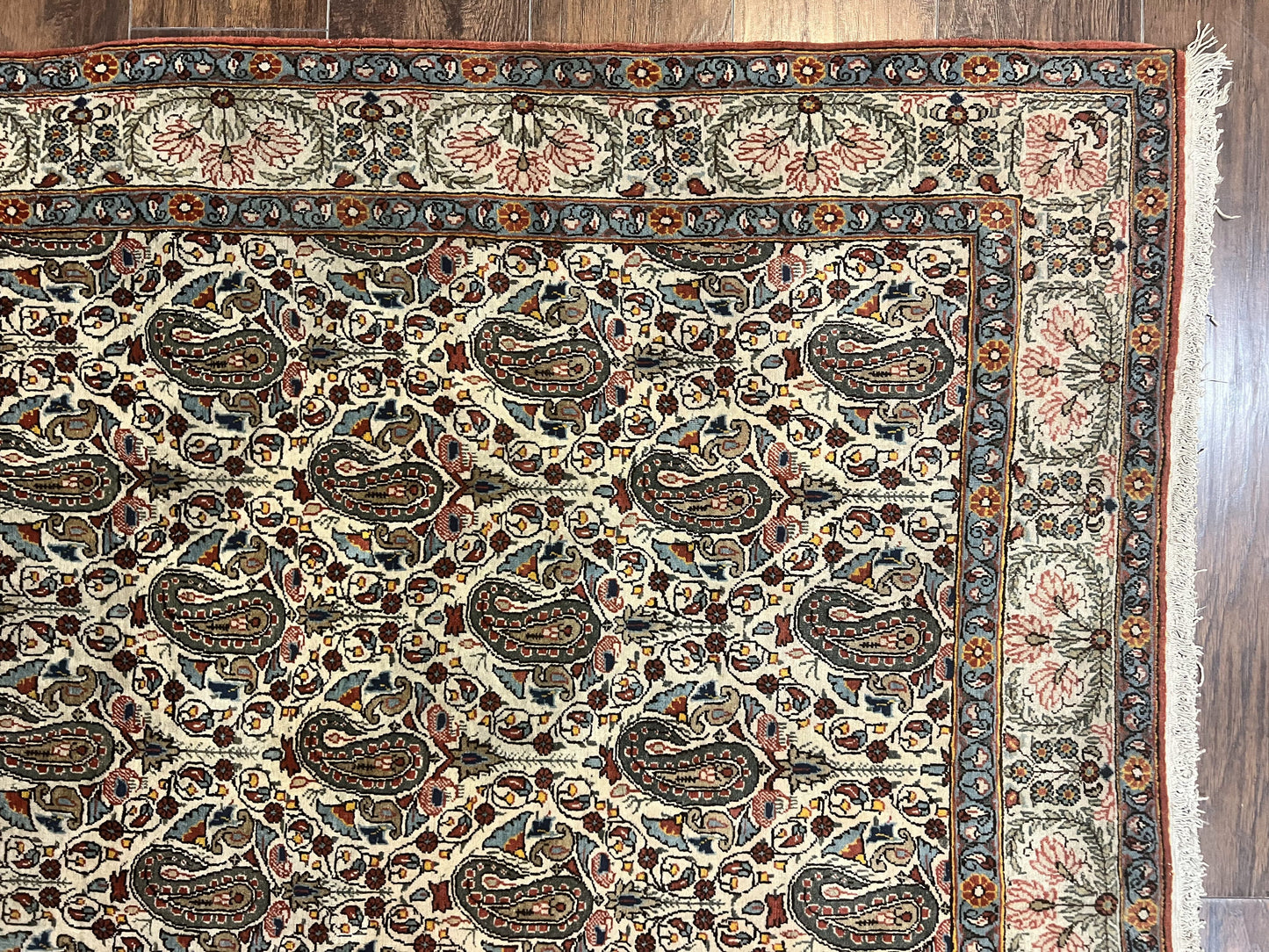Persian Qum Rug 5x6, Cream Wool Hand Knotted Carpet, Repeated Boteh Paisely Design, Semi Antique Vintage Rug, Very Fine Weave 5 x 6 Rug