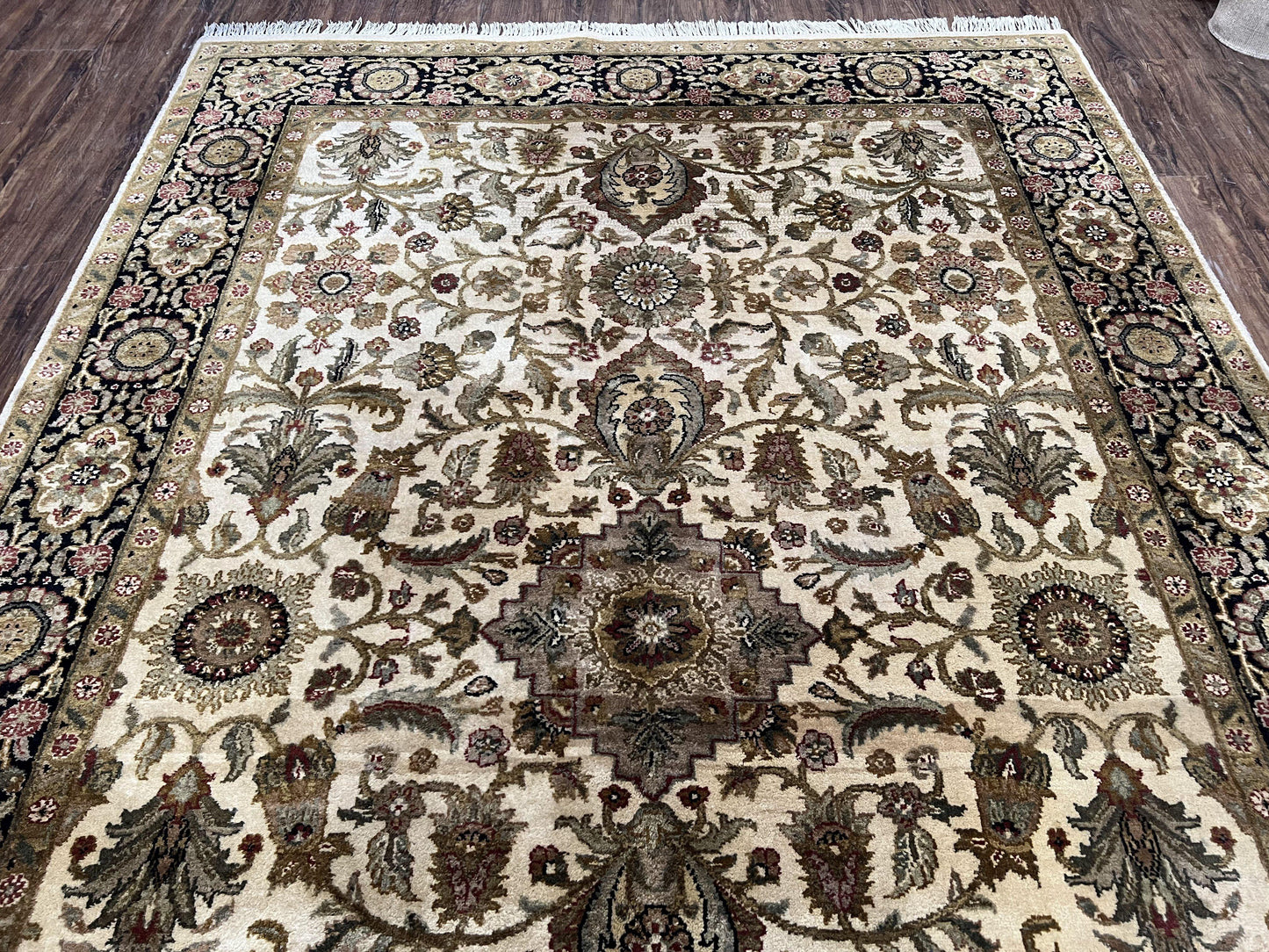 Indo Mahal Rug 6x9, Indian Floral Carpet 6 x 9, Beige and Black, Allover Design, Living Room Rug, Bedroom Rug, Traditional Rug, Vintage Rug