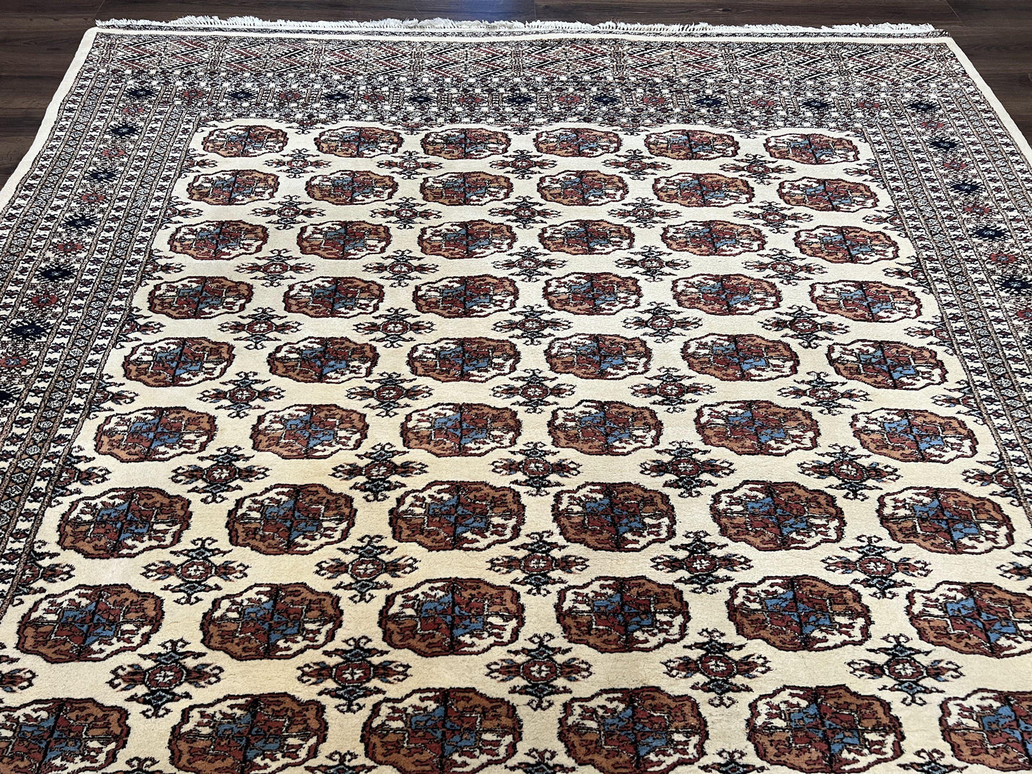 Pakistani Bokhara Rug 8x10, Wool Turkoman Carpet, Ivory/Cream