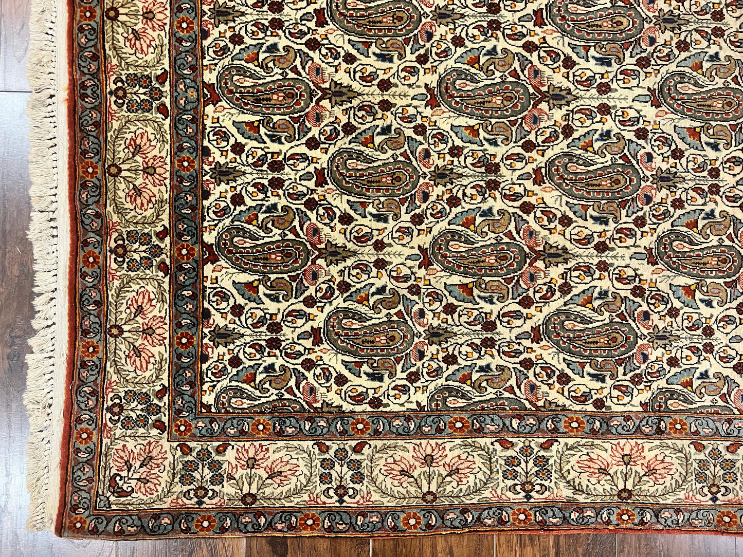 Persian Qum Rug 5x6, Cream Wool Hand Knotted Carpet, Repeated Boteh Paisely Design, Semi Antique Vintage Rug, Very Fine Weave 5 x 6 Rug