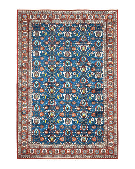 Rare Antique Persian Veramin Carpet, Mina-Khani Pattern, Blue, Red, Ivory, 7x11 ft, Hand-Knotted, Wool