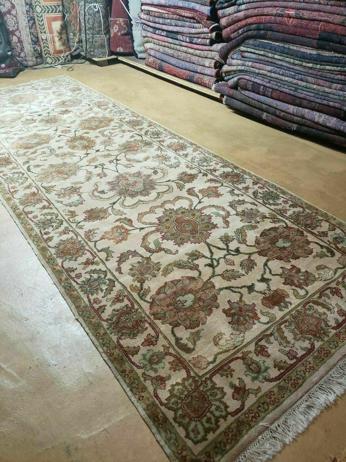 4x12 Vintage Oriental Runner Rug Hand Knotted Indian Agra Wool Tea Washed Beige