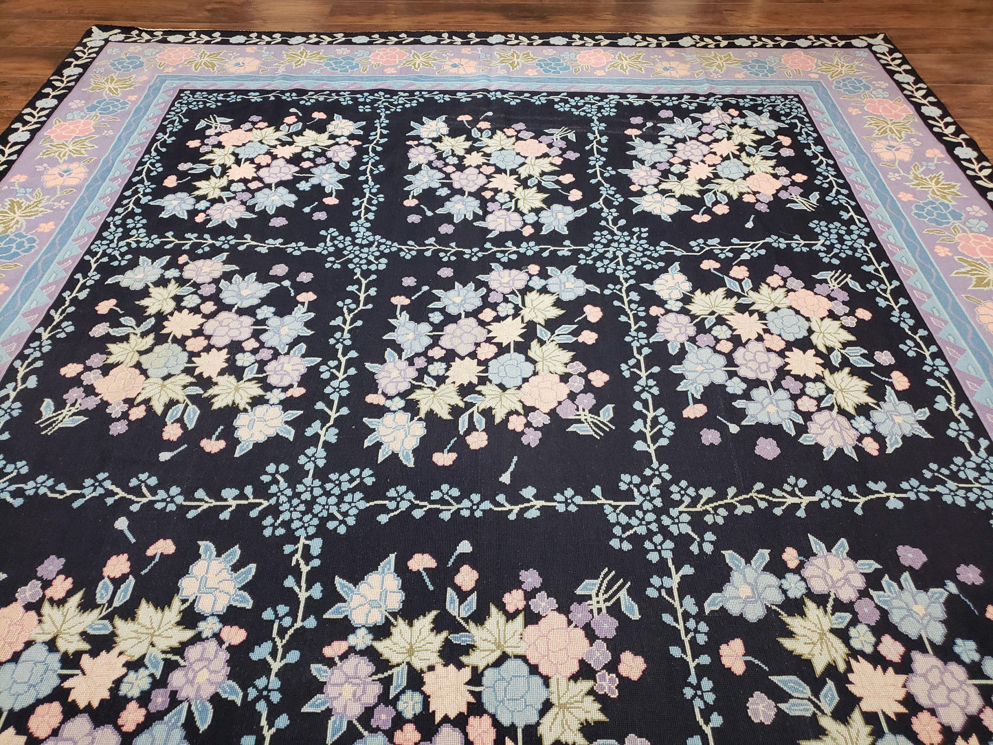 Chinese Needlepoint Rug 8 x 11.4, Hand-Woven Area Carpet, Flatweave Rug, Black Blue Light Violet Floral Garden European Design Wool Aubusson