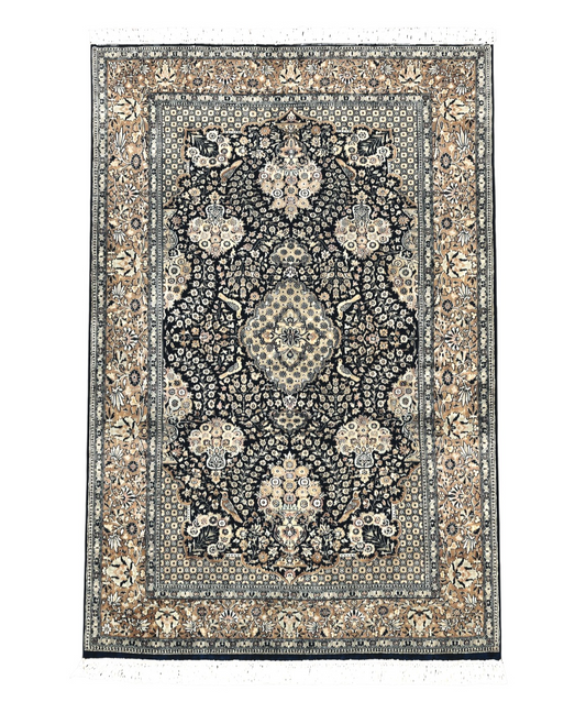Pak Persian Rug 5x7, Wool Hand Knotted Vintage Fine Oriental Carpet, Birds, Floral Medallion, Traditional Oriental Rug, Dark Blue