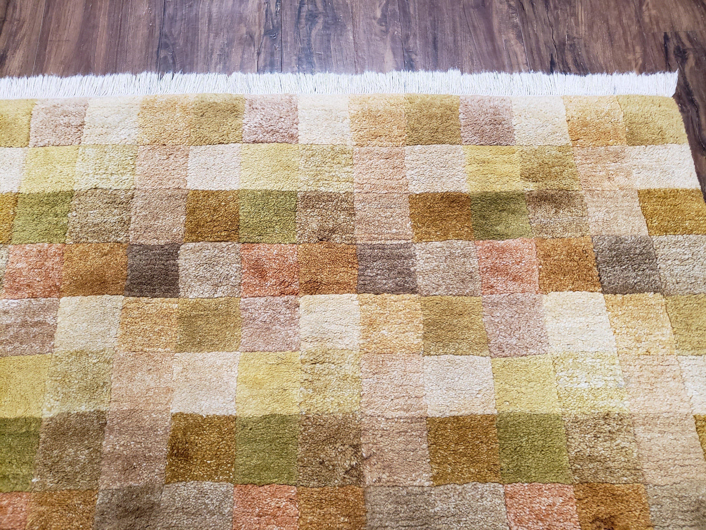 4x6 Tibetan Rug, Modern Abstract Handmade Area Rug, Checkerboard Pattern, Neutral Ivory Gold Tan Colors, Soft Pile, Mid Sized Rug, Nepali