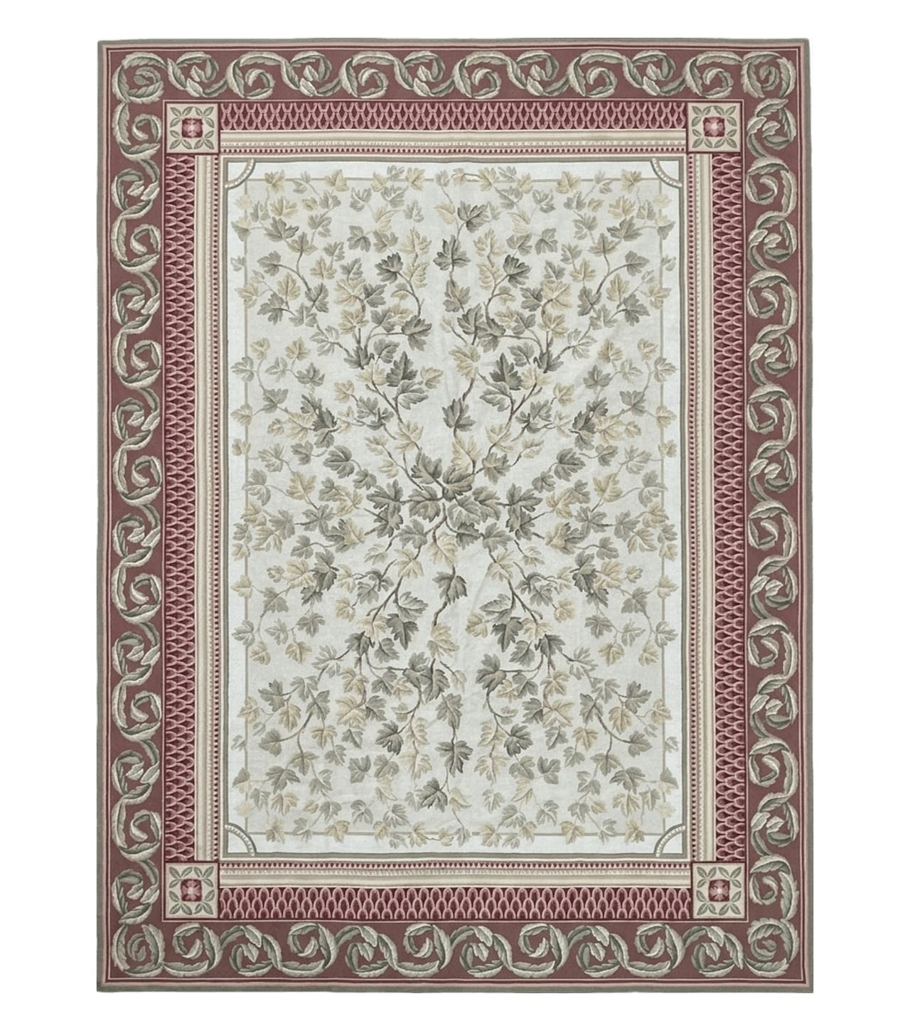 Aubusson Needlepoint Rug 9x12, Flatweave Carpet, Leaves, Wool, New, Handmade